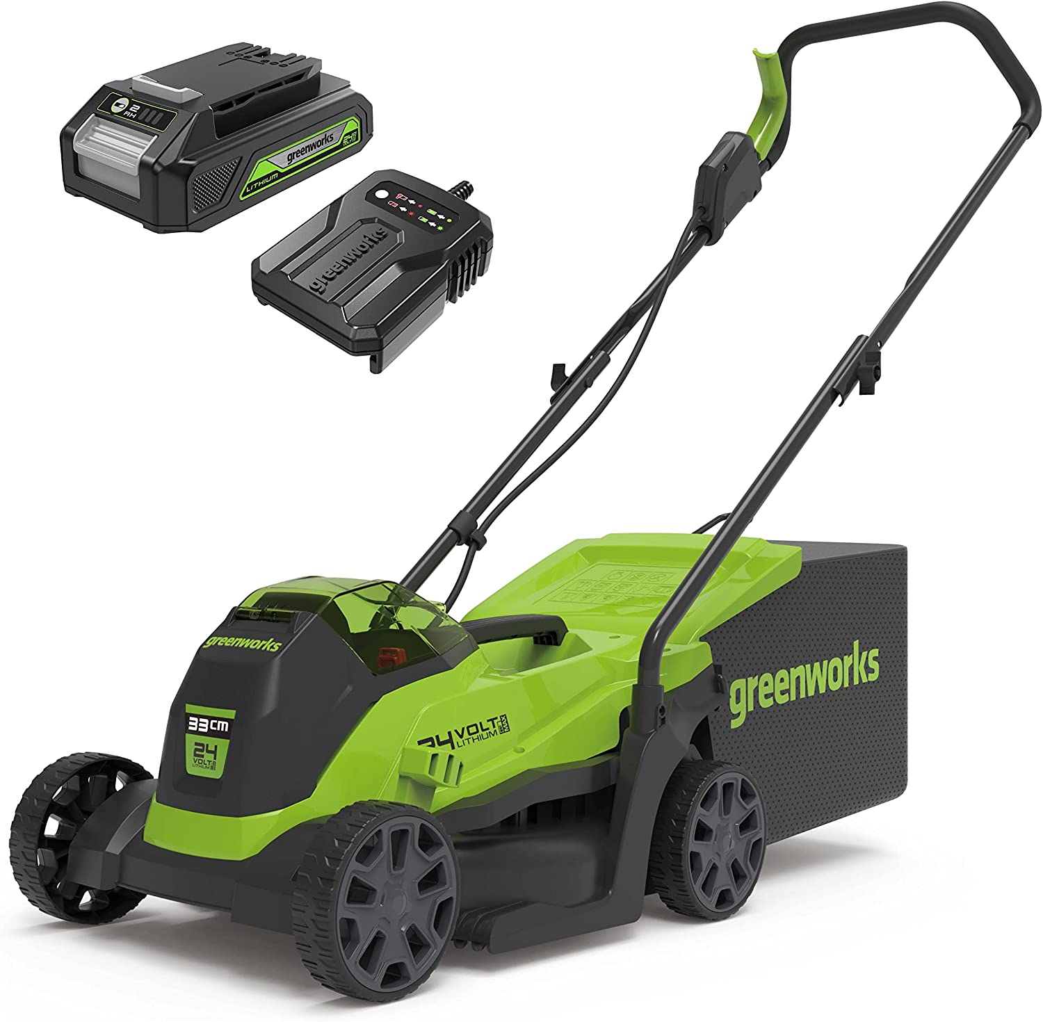 Greenworks GD24LM33K2 Cordless Lawnmower and battery