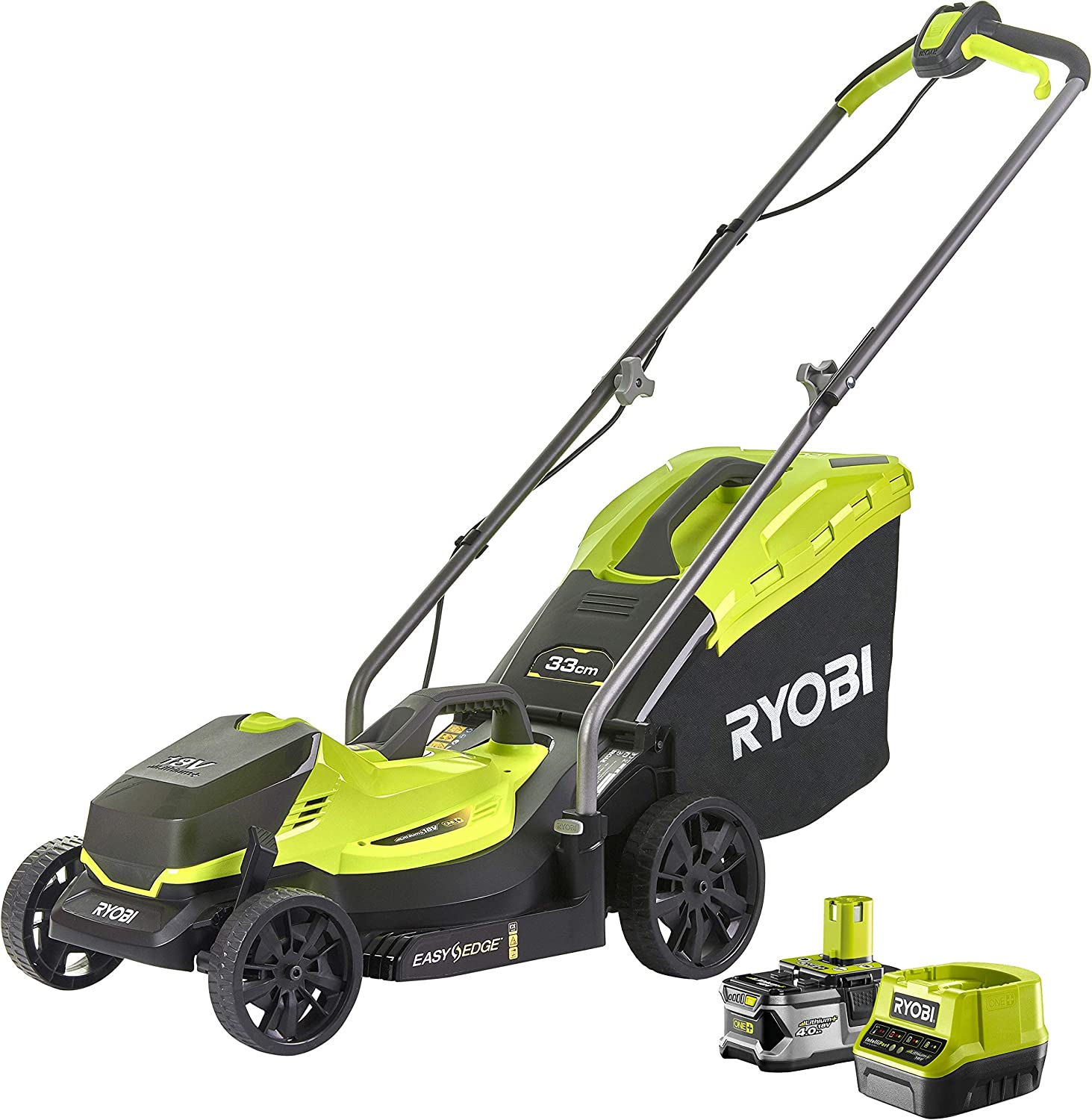 Ryobi RLM18X33B40 cordless lawnmower with battery